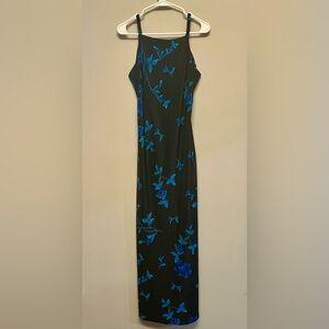 Vintage 90’s DBY Black Maxi Dress with Blue Floral Design (Small)